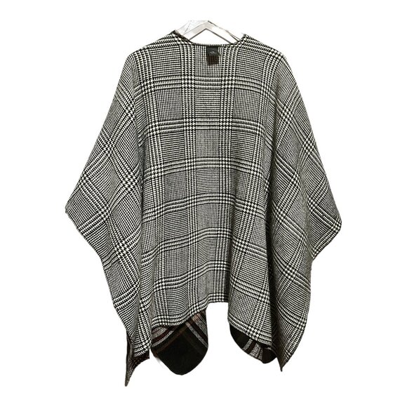 Women’s Twill Plaid Reversible Cape One Size O/S Black Red White Shawl Wrap - Picture 7 of 8